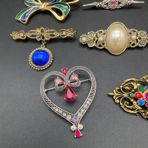 Victorian Revival Style Costume Jewelry Lot 11 Brooches Faux Pearl Enamel