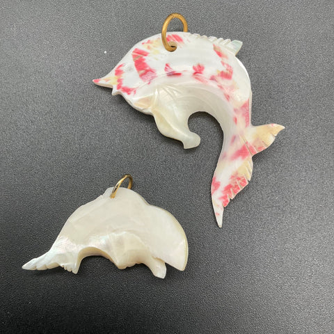 Vintage Carved Mother of Pearl Fish Pendants Lot of 2 Nautical Iridescent 2.5"