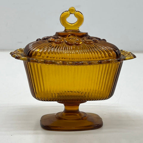 Pressed Glass Amber Ribbed Lidded Candy Dish Footed Compote Vintage 8 Inch