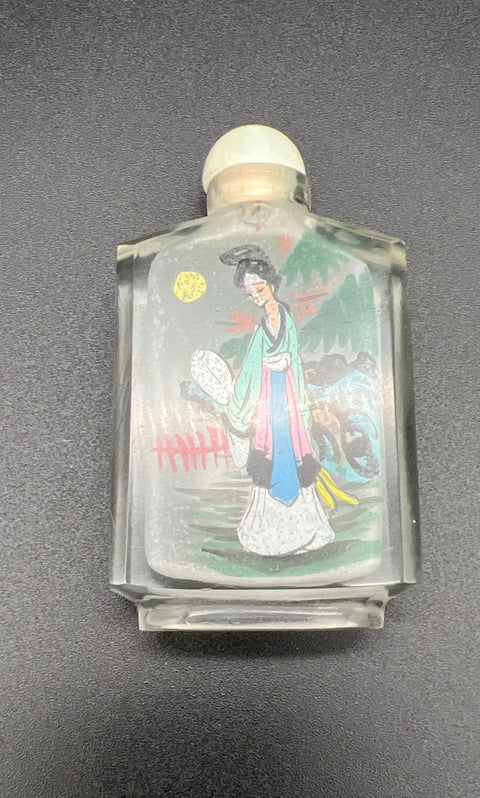 Vintage Chinese Reverse Painted Glass Snuff Bottle Geisha Landscape with Box