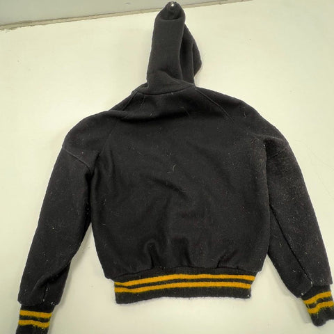 Vintage 80s Delong Wool Letterman Varsity Jacket Hooded Black Yellow '83 Sz 34