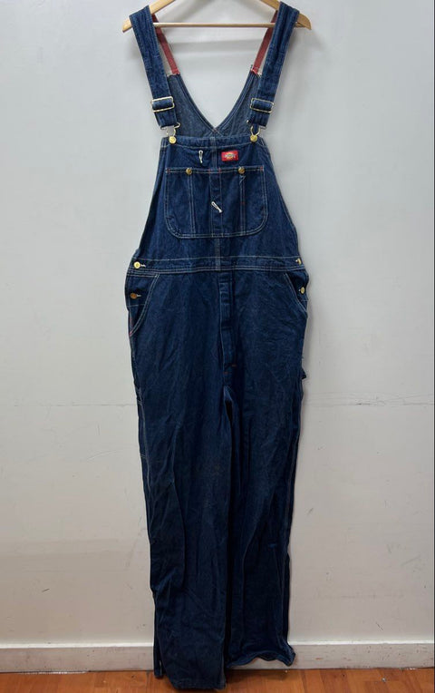 Vintage 90s Dickies Men's Blue Denim Bib Overalls Striped Straps Sz 36x34