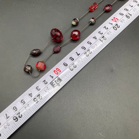 Vintage Debby Reid Silver Tone Red Faceted Glass Bead Station Necklace 25"