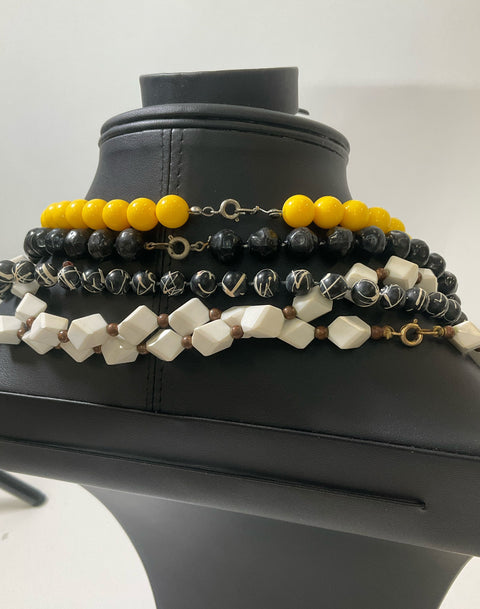 Lot of Black Yellow and White Plastic Beaded Necklaces Vintage 9 Pieces