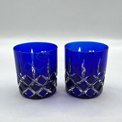 US Open Cobalt Blue Cut Glass Old Fashioned Rocks Glasses Pair Vintage