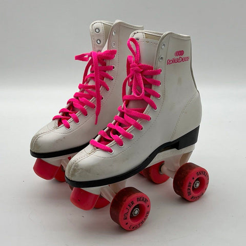 Vintage 80s Roller Derby White Pink Quad Roller Skates Women's Size 5