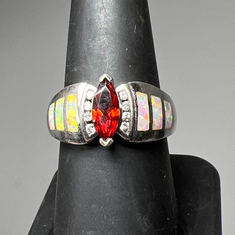 925 Sterling Silver Red & Clear Rhinestone Opal Inlay Ring Size 5 5.22g