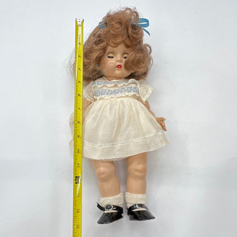 Vintage Ideal Doll 14 Inch Hard Plastic Sleep Eyes Made In USA White Dress