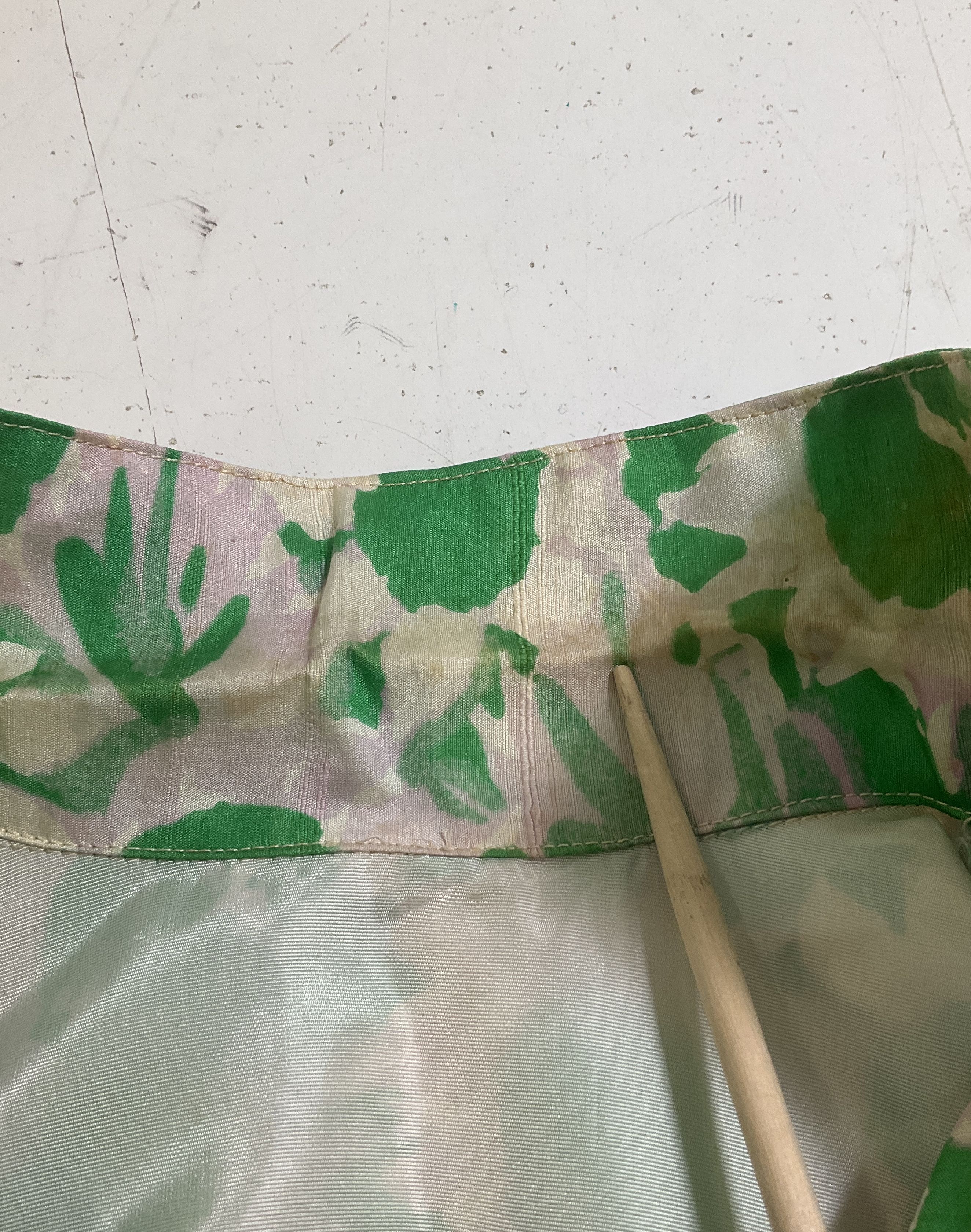 Vintage 1960s Handmade Silk Shantung Floral Two-Piece Dress Skirt Set Green