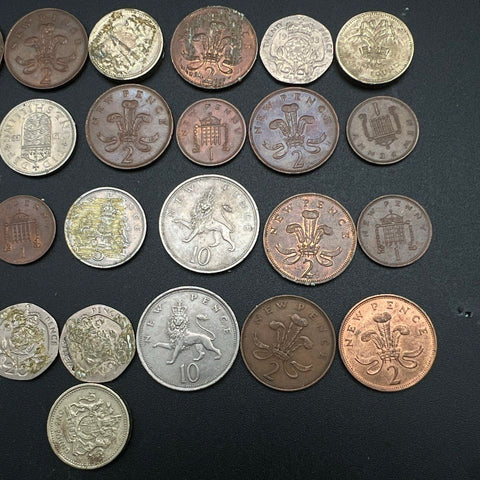 Vintage British Coin Lot 29 Pieces Mixed Denominations Elizabeth II Glue Residue