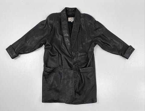 Vintage 80s Wilsons Leather Women's Black Shawl Collar Oversized Jacket Sz L