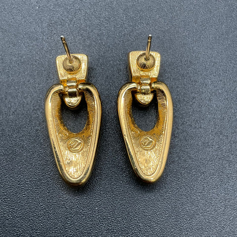 Vintage Swarovski Gold Tone Crystal Pave Door Knocker Earrings Swan Logo