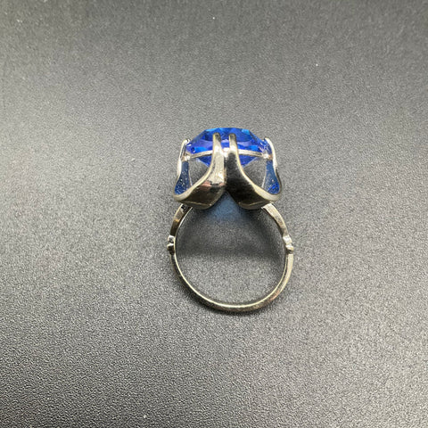 10K HGE Silver Tone Blue Glass Statement Cocktail Ring Size 7