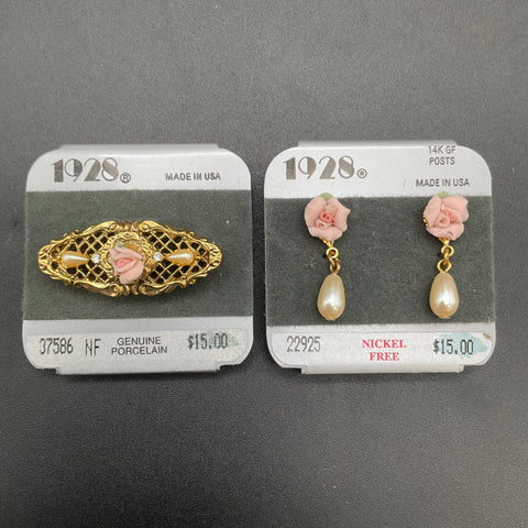 1928 Victorian Revival Pink Rose Porcelain Brooch Earrings Set 14K GF Posts