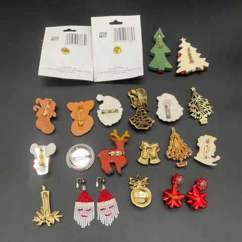 Vintage Christmas Holiday Jewelry Lot 22pc Brooches Pins Earrings FIGI Macy's