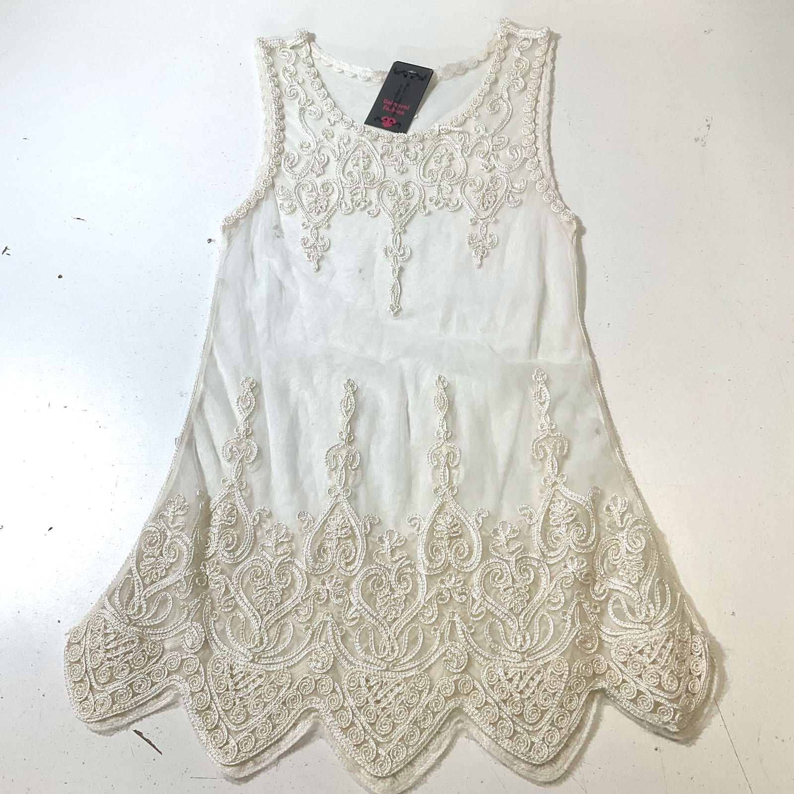 Universal Fashion White Ribbon Embroidered Sheer Mesh Slip Dress Juniors S NWT