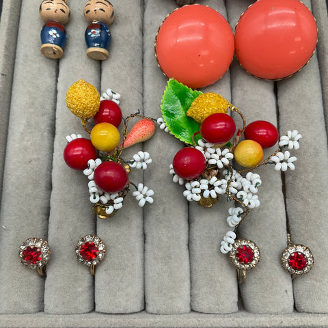 Vintage Jewelry Lot 8 Pairs Clip & Screw-back Earrings West Germany Fruit