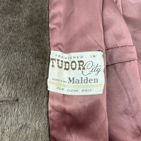 Vintage 60s Tudor City Malden Faux Fur Coat Wide Collar Union Made Brown Sz L