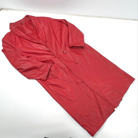 Preston and York Women's Red Long Leather Coat Jacket Shawl Collar Vintage 90s