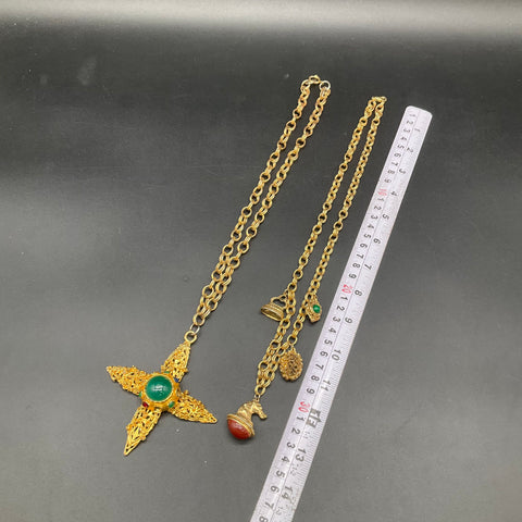 Vintage Etruscan Revival Gold Tone Fob Necklace & Cabochon Cross Pendant Lot