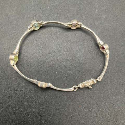 Silver Tone Multi Gemstone Link Bracelet 7" Magnetic Base Metal Marked 925