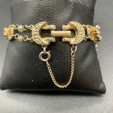 Vintage Goldette Victorian Revival Gold Tone Filigree Multi-Stone Bracelet 7"