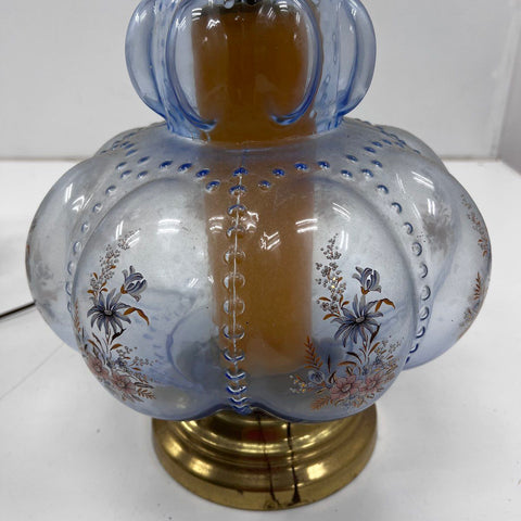 Carl Falkenstein Blue Glass Floral Table Lamp Brass Base Vintage Works