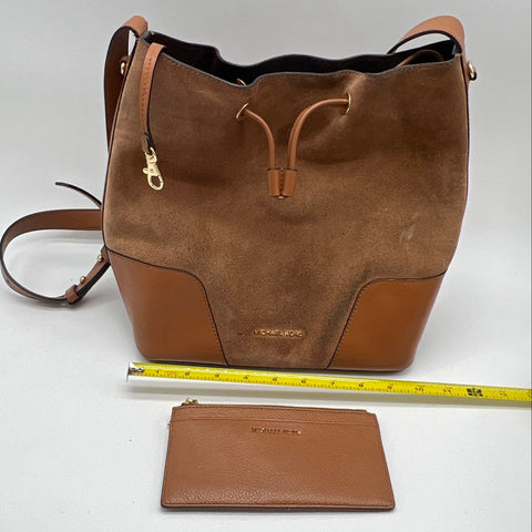 Michael Kors Brown Suede Leather Bucket Bag Drawstring Crossbody with Wallet