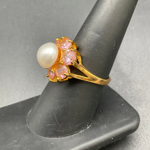 18K Gold Plated Pearl & Pink Faceted Stone Ring & Earrings Set Size 8