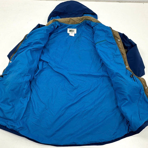 Vintage 90s REI Mountain Parka Hooded Jacket Blue Khaki Trim Sz XL