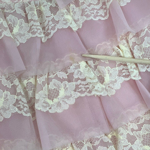 Vintage 60s Women's Pink Cream Tiered Ruffle Lace Fit & Flare Party Dress XS