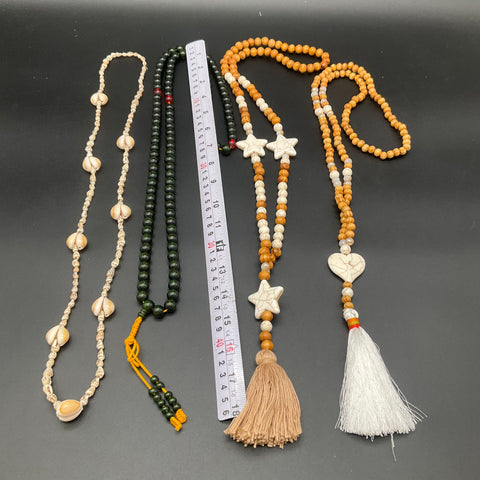 Boho Ethnic Wood Bead Shell Tassel Mala Jewelry Lot of 4