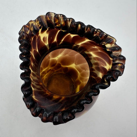 Art Glass Vase Amber Tortoiseshell Mottled Brown Ruffled Rim Vintage 9 Inch