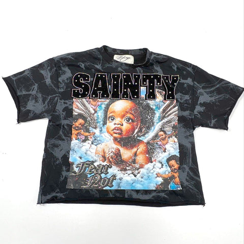 BKYS Men's Black Wash Sainty Fear Not Rhinestone Cherub Graphic T-Shirt Sz 2XL