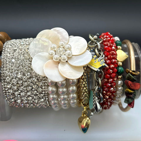 Vintage & Modern Costume Jewelry Lot 22pc Bangles Cuffs Beads Rhinestones Pearl