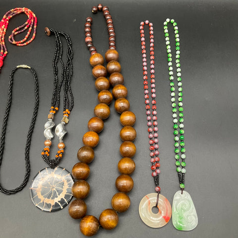 Boho Beaded Necklace Lot 7 Pieces Wood Stone Resin Pendants Multi-strand