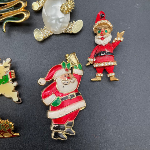 Vintage Christmas Brooches Jewelry Lot of 9 Santa Tree Reindeer Angel Penguin