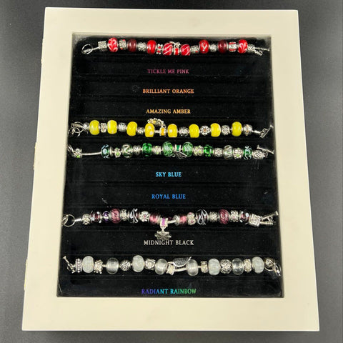 Willabee & Ward Charm Bracelet 5pc Set with Display Case Collectible Glass