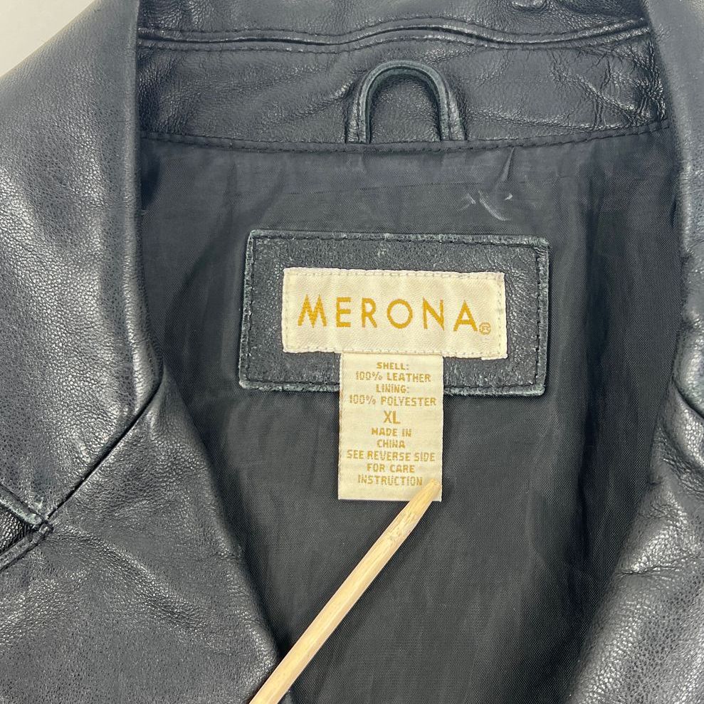 VTG Y2K Women's Merona Black Genuine Leather Coat Jacket Button Up - Size XL