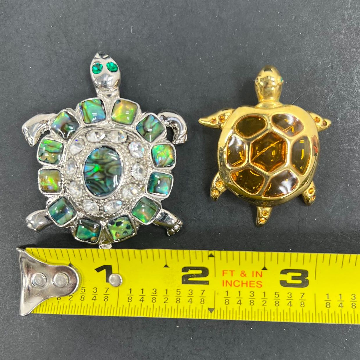 Lot of 2 Turtle Brooches. Bejeweled Silver and Gold Tone