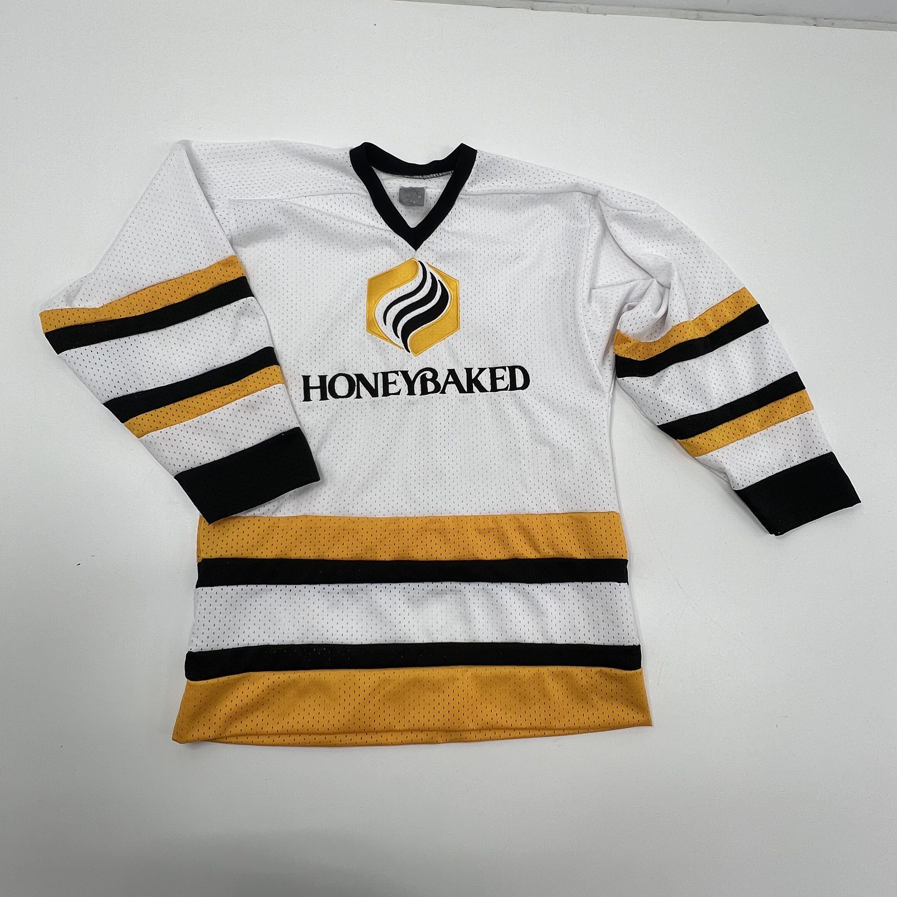 HoneyBaked Hockey Club Jersey White Gold Black Mesh Adult Mens 21x31 Embroidered