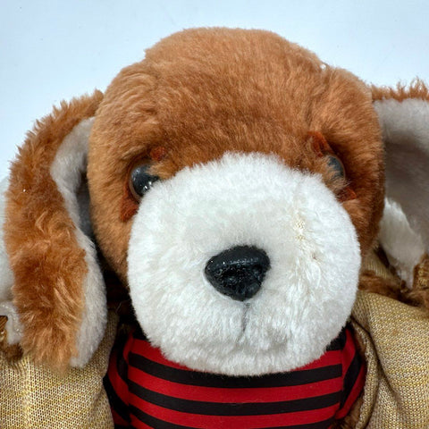 Vintage Avon Plush Puppy Dog 12 Inch Brown White Striped Shirt Hooded Jacket