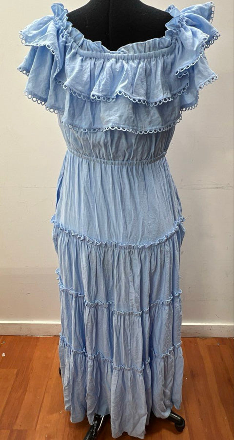 Crown & Ivy Women's Jazz Blue Ruffle Eyelet Tiered Maxi Dress NWT Size L