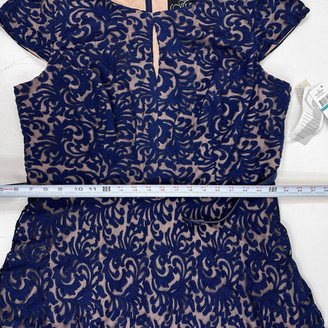 Alex Evenings Women's Navy Blue Gown Embroidered Lace Keyhole Belted Sz 16 NWT