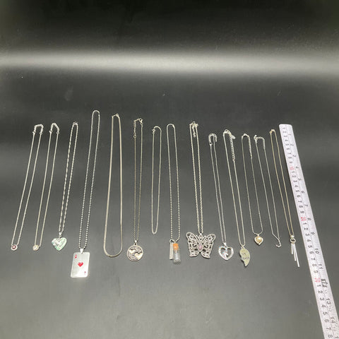Silver Tone Costume Jewelry Lot 14 Necklaces Butterfly Hearts Ace of Hearts