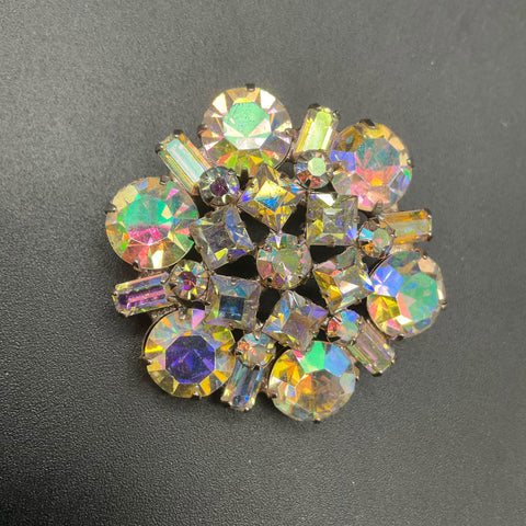 Vintage Weiss Aurora Borealis Rhinestone Brooch Silver Tone Signed Pin 2"