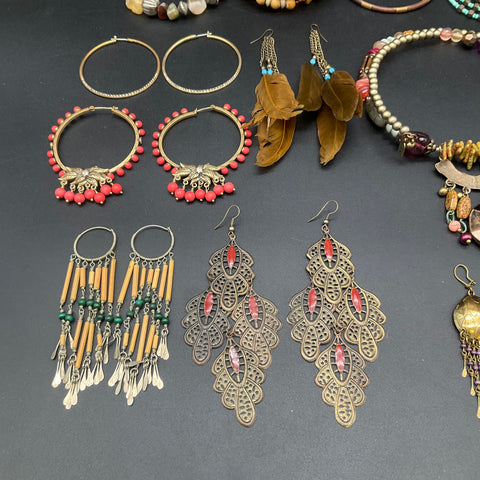 Boho Ethnic Costume Jewelry Lot 16pc Mixed Necklaces Earrings Bracelets Beads