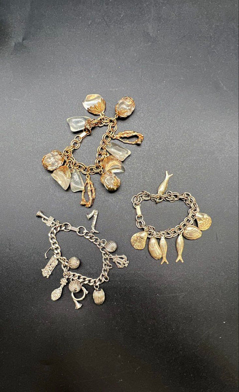 Vintage Costume Jewelry Charm Bracelet Lot of 3 Nautical Music Botanical