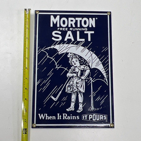 Morton Salt Porcelain Enamel Sign Vintage Advertising When It Rains It Pours
