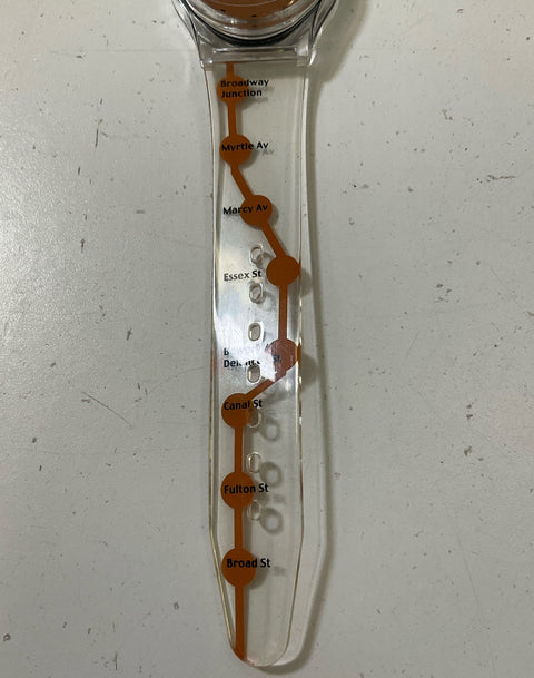 Vintage NYC Subway J Train Unisex Wristwatch Clear Plastic Band Orange Untested
